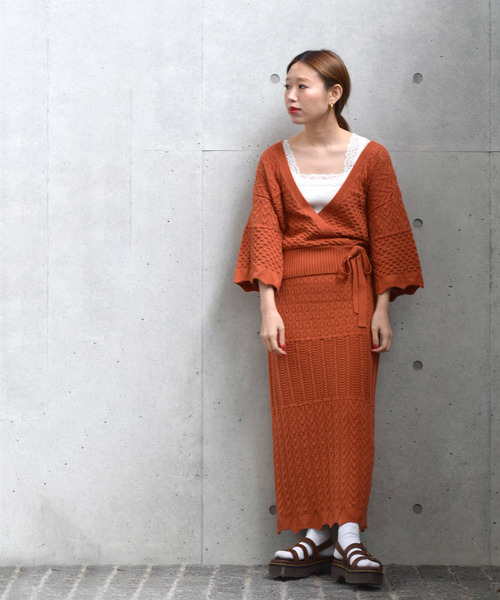 w closet（ダブルクローゼット）の「パネル柄透かし編みロングスカート（スカート・レディース・ホワイト/オレンジ系その他/ライトベージュ・FREE）」の7枚目の写真