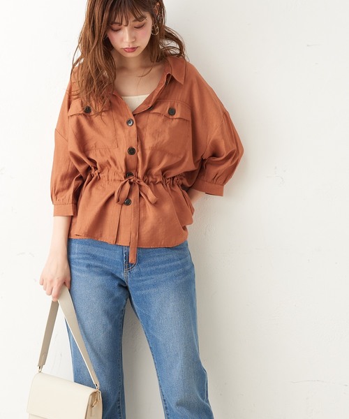 natural couture（ナチュラルクチュール）の「ドロストサファリシャツ（シャツ/ブラウス・レディース・ベージュ/オフホワイト/レンガ・FREE）」の5枚目の写真