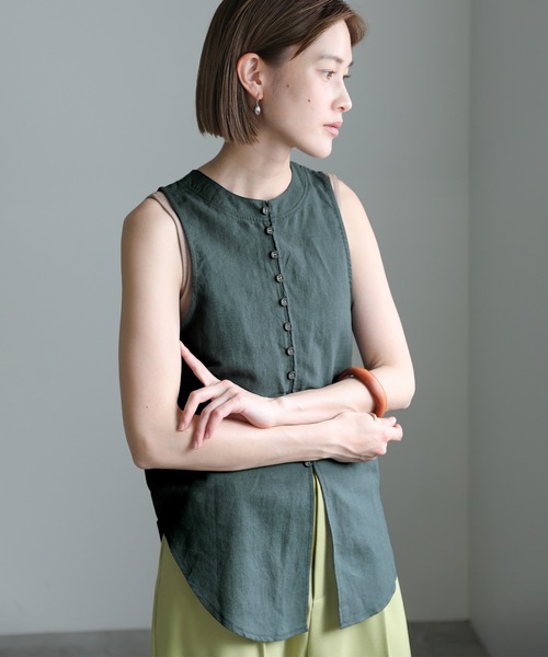 select MOCA(セレクトモカ)の「2WAYリネンブレンドノースリーブトップス(シャツ/ブラウス・レディース・サンドベージュ/ブルーグリーン/ターメリック・FREE)」の4枚目の写真