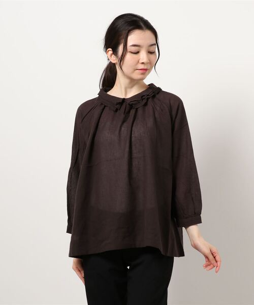 Samansa Mos2（サマンサ モスモス）の「ダブルガーゼ重ね衿スキッパーブラウス（シャツ/ブラウス・レディース・ブラック/グレー/オフホワイト/モカ・ﾌﾘ-）」の2枚目の写真