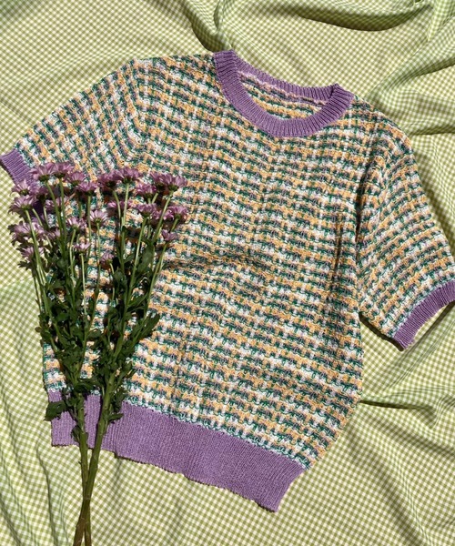 WC(ダブル シー)の「カラフルチェック半袖ニット(ニット/セーター・レディース・パープル/ピンク・FREE)」の1枚目の写真