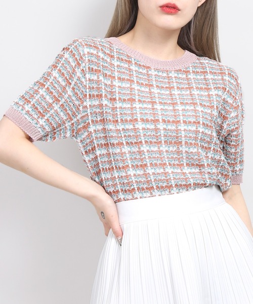 WC(ダブル シー)の「カラフルチェック半袖ニット(ニット/セーター・レディース・パープル/ピンク・FREE)」の2枚目の写真