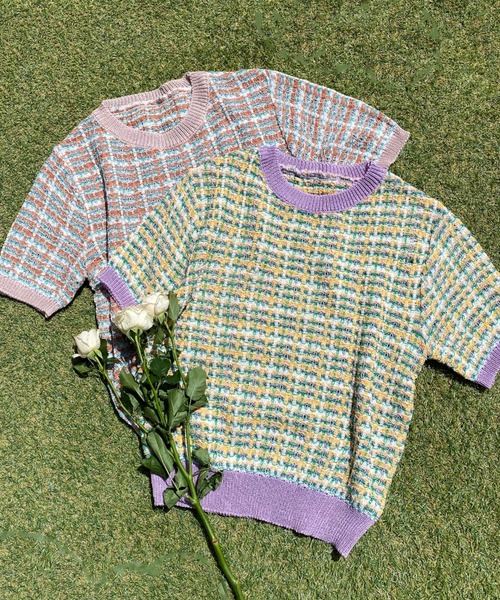 WC(ダブル シー)の「カラフルチェック半袖ニット(ニット/セーター・レディース・パープル/ピンク・FREE)」の5枚目の写真