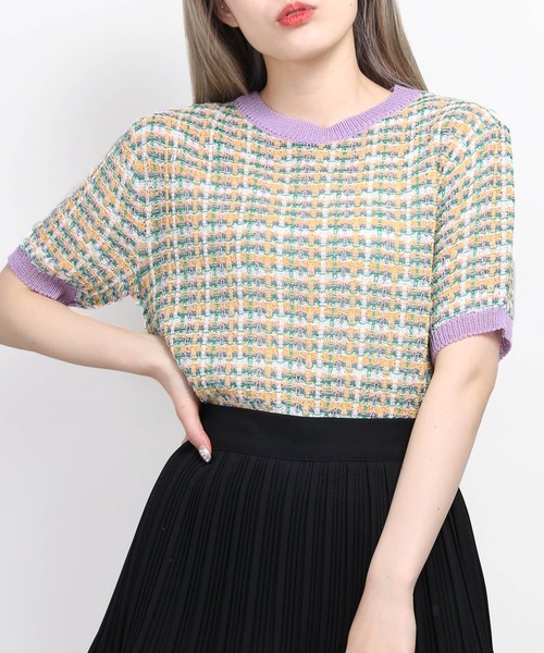 WC(ダブル シー)の「カラフルチェック半袖ニット(ニット/セーター・レディース・パープル/ピンク・FREE)」の9枚目の写真