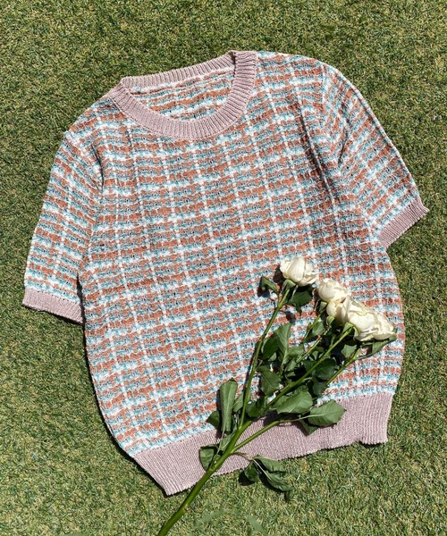 WC(ダブル シー)の「カラフルチェック半袖ニット(ニット/セーター・レディース・パープル/ピンク・FREE)」の4枚目の写真