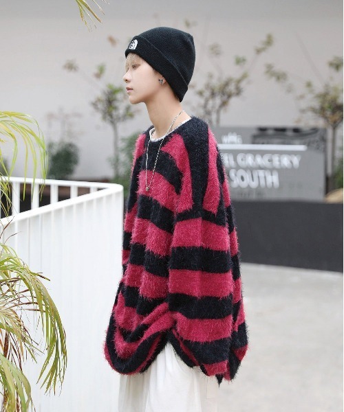 neos(ネオス)の「【neos】ビッグシルエット フェザーヤーン モヘア ライク 太ボーダー クルーネック ニット セーター(ニット/セーター・メンズ・ホワイト/グレー/レッド・MEDIUM/LARGE)」の14枚目の写真