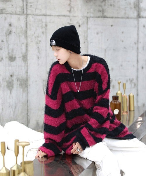 neos(ネオス)の「【neos】ビッグシルエット フェザーヤーン モヘア ライク 太ボーダー クルーネック ニット セーター(ニット/セーター・メンズ・ホワイト/グレー/レッド・MEDIUM/LARGE)」の16枚目の写真