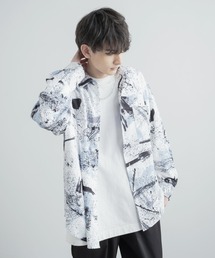 オーバーサイズ 総柄グラフィックプリント レギュラーカラーストレッチロングシャツ