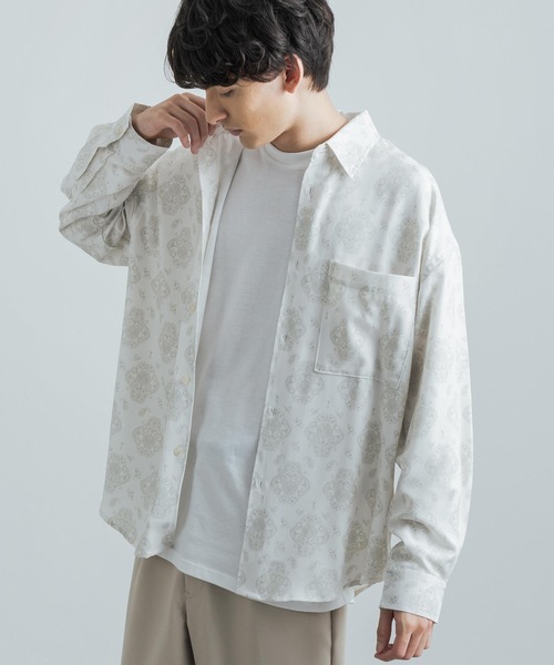 Rocky Monroe(ロッキーモンロー)の「オーバーサイズ 総柄グラフィックプリント レギュラーカラーストレッチロングシャツ(シャツ/ブラウス・メンズ・ライトグレー/ダークブラウン/オフホワイト/チャコール/ピンク/ブラウン/グリーン/サックスブルー/ラベンダー/ホワイト・M/L)」の4枚目の写真