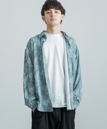 オーバーサイズ 総柄グラフィックプリント レギュラーカラーストレッチロングシャツ