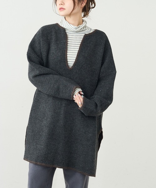 PUAL CE CIN（ピュアルセシン）の「圧縮総針ニットチュニック（ニット/セーター・レディース・チャコールグレー/グリーン/オートミール・FREE）」の2枚目の写真