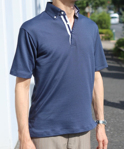 UNION STATION（ユニオンステーション）の「チェック柄ジャガードボタンダウンポロシャツ（ポロシャツ・メンズ・ネイビー/ブルー・LL/M/L）」の4枚目の写真