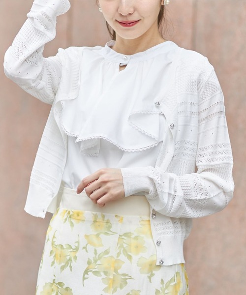 tocco closet（トッコ　クローゼット）の「パールボタン透かし編みボーダーカーディガン（カーディガン/ボレロ・レディース・オフホワイト/ピンクベージュ・M）」の19枚目の写真