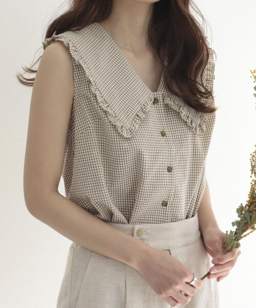 fredy emue（フレディエミュ）の「チェックBIG衿ブラウス（シャツ/ブラウス・レディース・ベージュ系その他/グリーン系その他/ブルー系その他・38）」の2枚目の写真