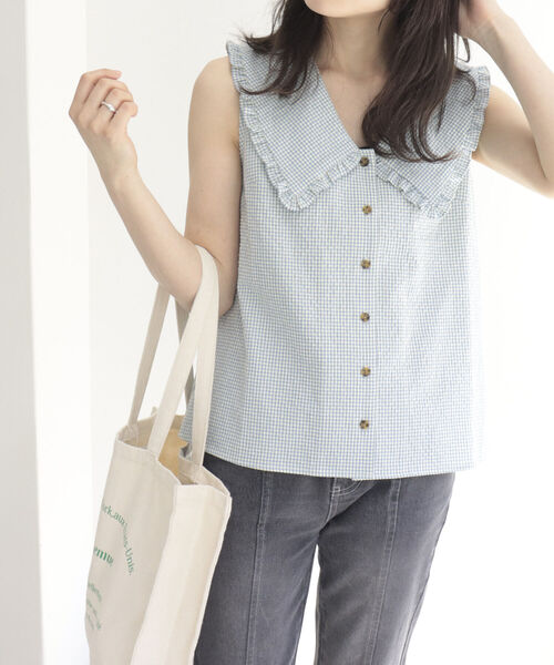 fredy emue（フレディエミュ）の「チェックBIG衿ブラウス（シャツ/ブラウス・レディース・ベージュ系その他/グリーン系その他/ブルー系その他・38）」の3枚目の写真