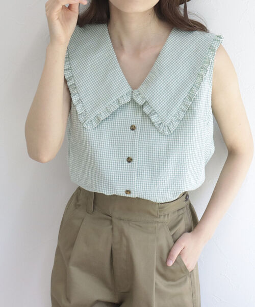 fredy emue（フレディエミュ）の「チェックBIG衿ブラウス（シャツ/ブラウス・レディース・ベージュ系その他/グリーン系その他/ブルー系その他・38）」の4枚目の写真