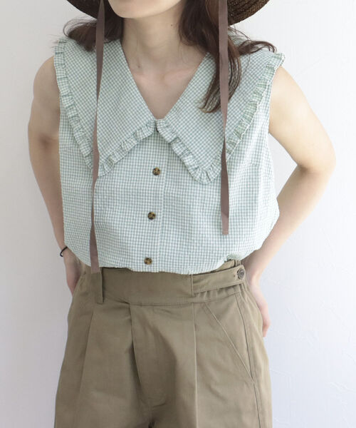 fredy emue（フレディエミュ）の「チェックBIG衿ブラウス（シャツ/ブラウス・レディース・ベージュ系その他/グリーン系その他/ブルー系その他・38）」の6枚目の写真