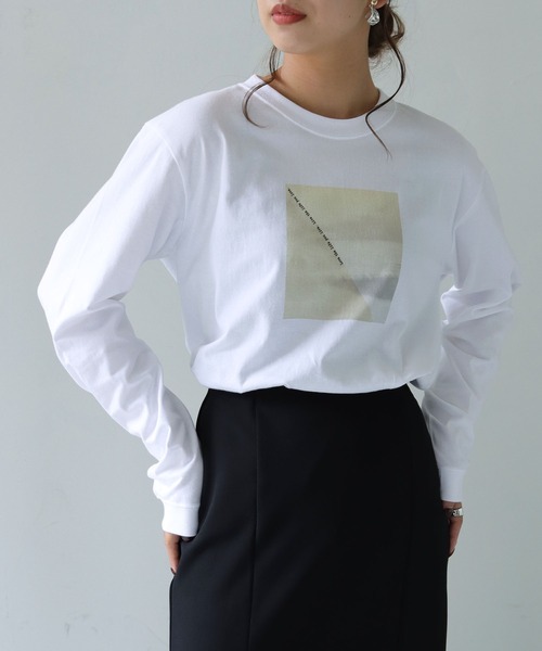 HER CLOSET（ハークローゼット）の「【shemoshelly】WEB限定 5.6オンスパネルニュアンス長袖プリントロンT（Tシャツ/カットソー・レディース・ホワイト/ホワイト×グリーン/ホワイト×イエロー・S/M/L）」の14枚目の写真