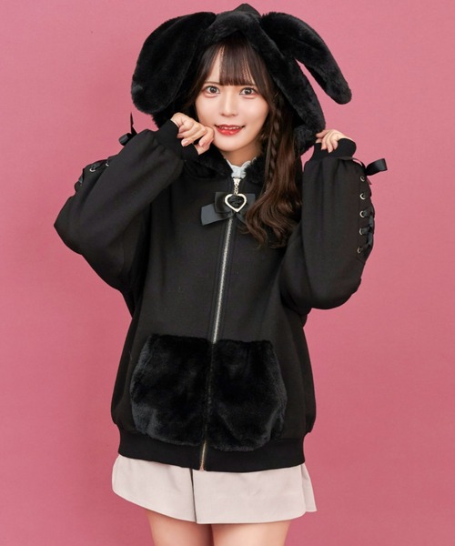 Secret Honey(シークレットハニー)の「うさ耳ファー裏起毛パーカー(パーカー・レディース・オフホワイト/ピンク/ブラック・FREE)」の3枚目の写真