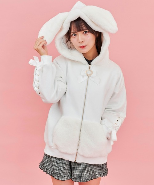 Secret Honey(シークレットハニー)の「うさ耳ファー裏起毛パーカー(パーカー・レディース・オフホワイト/ピンク/ブラック・FREE)」の15枚目の写真