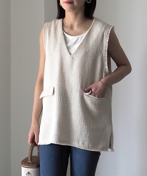 Riberry（リベリー）の「【セットアップ可】Vネックツイードベスト（ベスト・レディース・ブラック/アイボリー/ダークブラック・FREE）」の11枚目の写真