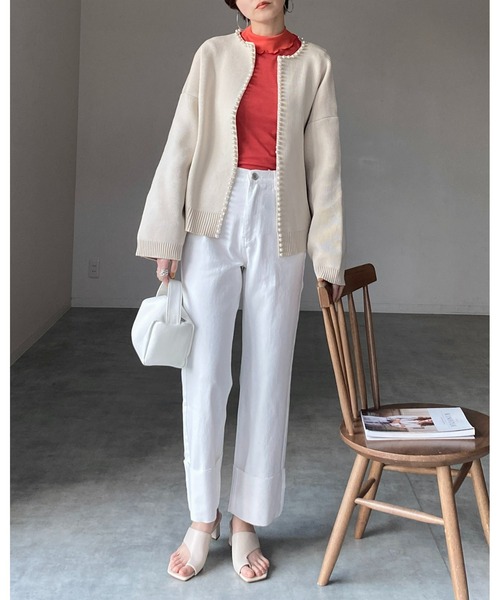 She's Closet(シーズクローゼット)の「ノーカラーパールニットカーディガン(カーディガン/ボレロ・レディース・イエロー/アイボリー/ブラック/パープル/グレー/ネイビー/杢グレー・FREE)」の18枚目の写真