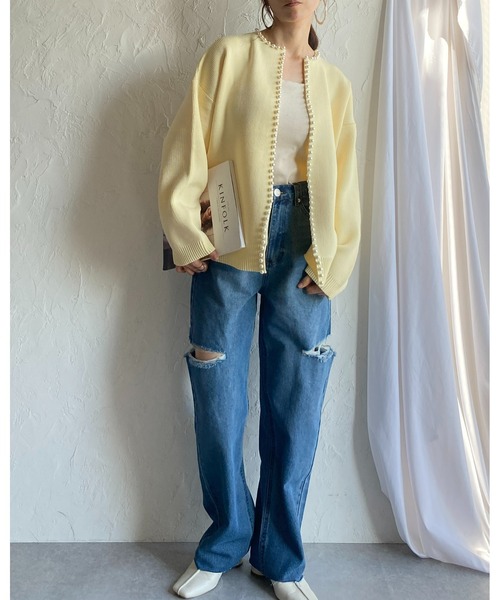 She's Closet(シーズクローゼット)の「ノーカラーパールニットカーディガン(カーディガン/ボレロ・レディース・イエロー/アイボリー/ブラック/パープル/グレー/ネイビー/杢グレー・FREE)」の17枚目の写真