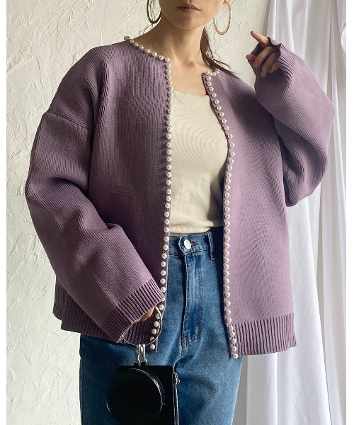 She's Closet(シーズクローゼット)の「ノーカラーパールニットカーディガン(カーディガン/ボレロ・レディース・イエロー/アイボリー/ブラック/パープル/グレー/ネイビー/杢グレー・FREE)」の10枚目の写真