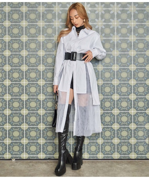 LATINA（ラティーナ）の「レイヤード風チュールヘムロングシャツ（シャツ/ブラウス・レディース・ブラック/ホワイト・FREE）」の3枚目の写真