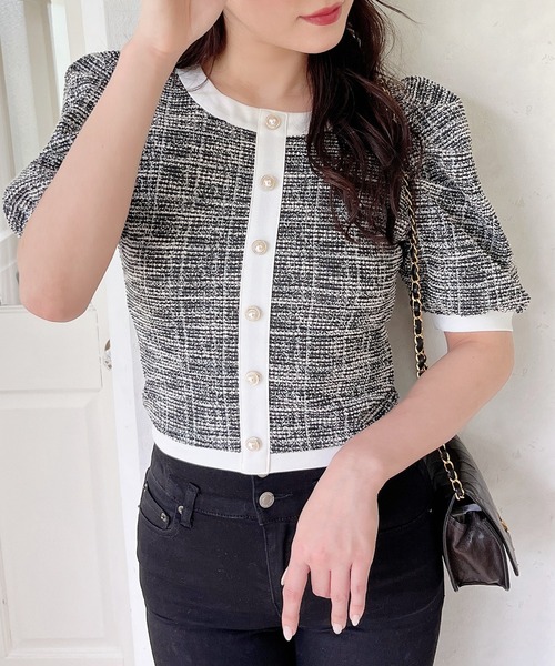 MIIA（ミーア）の「カットツイードパフスリーブトップス（Tシャツ/カットソー・レディース・オレンジ/ベージュ/ブラック・FREE）」の2枚目の写真