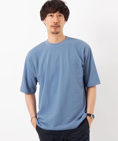 green label relaxing（グリーンレーベルリラクシング）の「サッカー ストライプ クルーネック Tシャツ -吸水速乾-（Tシャツ/カットソー・メンズ・ライトグレー/ライトブルー/ネイビー・S/M/L/XL）」の2枚目の写真