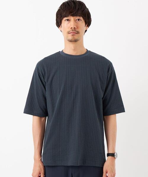 green label relaxing（グリーンレーベルリラクシング）の「サッカー ストライプ クルーネック Tシャツ -吸水速乾-（Tシャツ/カットソー・メンズ・ライトグレー/ライトブルー/ネイビー・S/M/L/XL）」の7枚目の写真