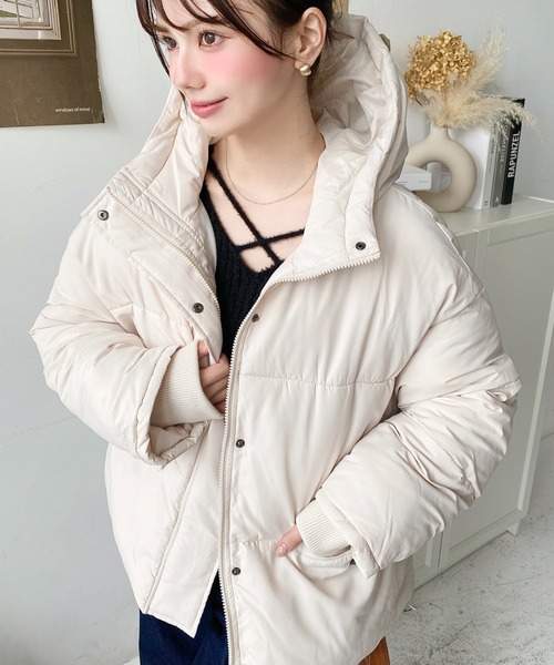 【美品】  ダウンジャケット2580LB アイボリー セール】ファイバーダウン袖リブフードブルゾン（ダウンジャケット