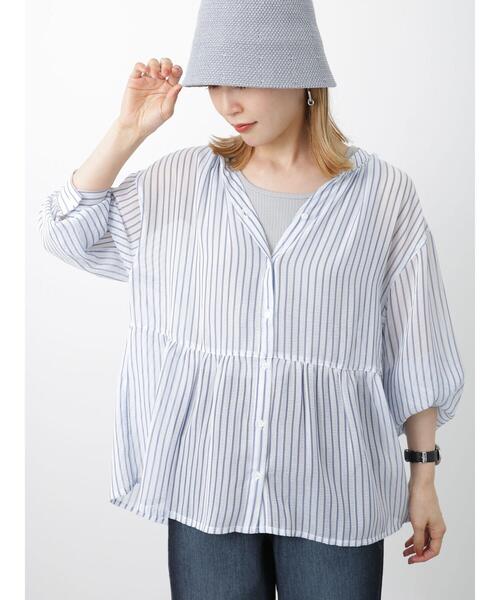 Samansa Mos2 blue（サマンサモスモスブルー）の「シアーストライプブラウス（シャツ/ブラウス・レディース・オフホワイト/ネイビー/モカ・ﾌﾘ-）」の19枚目の写真