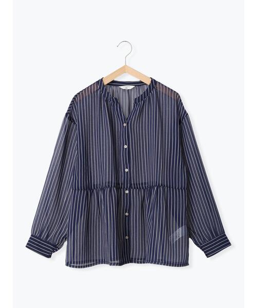 Samansa Mos2 blue（サマンサモスモスブルー）の「シアーストライプブラウス（シャツ/ブラウス・レディース・オフホワイト/ネイビー/モカ・ﾌﾘ-）」の12枚目の写真