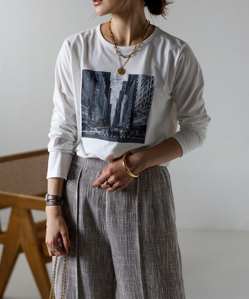 Bonjour Sagan(ボンジュールサガン)の「転写プリントロンT(Tシャツ/カットソー・レディース・ホワイト/チャコールグレー・FREE)」の1枚目の写真