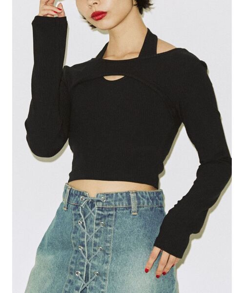 jouetie（ジュエティ）の「カットアウトフィットトップス【Uネック/レイヤード】（Tシャツ/カットソー・レディース・ブラック/オフホワイト/パープル・MEDIUM）」の6枚目の写真