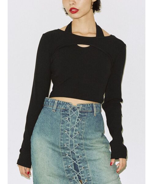 jouetie（ジュエティ）の「カットアウトフィットトップス【Uネック/レイヤード】（Tシャツ/カットソー・レディース・ブラック/オフホワイト/パープル・MEDIUM）」の7枚目の写真