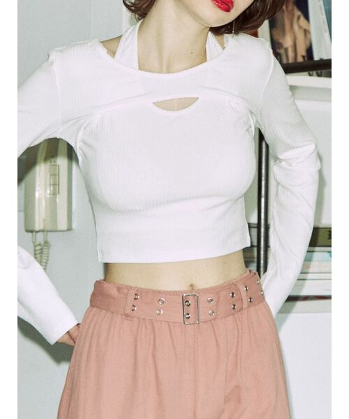 jouetie（ジュエティ）の「カットアウトフィットトップス【Uネック/レイヤード】（Tシャツ/カットソー・レディース・ブラック/オフホワイト/パープル・MEDIUM）」の12枚目の写真