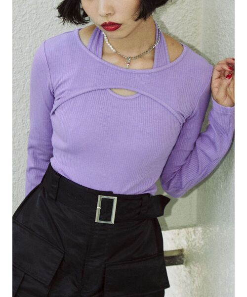 jouetie（ジュエティ）の「カットアウトフィットトップス【Uネック/レイヤード】（Tシャツ/カットソー・レディース・ブラック/オフホワイト/パープル・MEDIUM）」の21枚目の写真