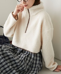 ハーフジップ レザーパイピングクロップドボアプルオーバー