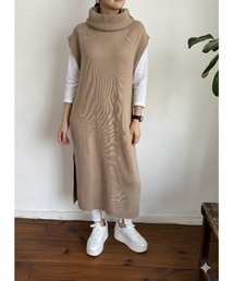 Day and Grade | 【大胆タートルネック大胆スリット】ノースリーブ ロングニットチュニック / サイドスリット レイヤード(ニット/セーター)