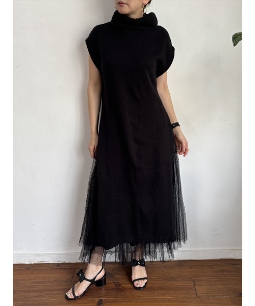 Day and Grade（デイアンドグレイド）の「【大胆タートルネック大胆スリット】ノースリーブ ロングニットチュニック / サイドスリット レイヤード（ニット/セーター・レディース・キャメル/ブラック・FREE）」の3枚目の写真