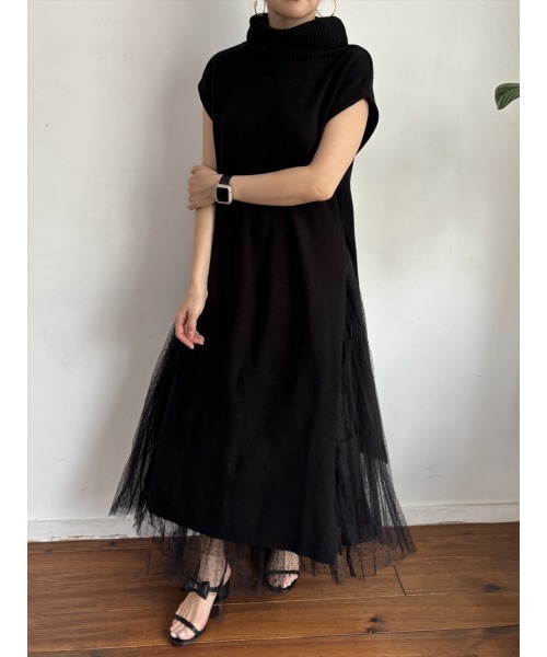 Day and Grade（デイアンドグレイド）の「【大胆タートルネック大胆スリット】ノースリーブ ロングニットチュニック / サイドスリット レイヤード（ニット/セーター・レディース・キャメル/ブラック・FREE）」の4枚目の写真