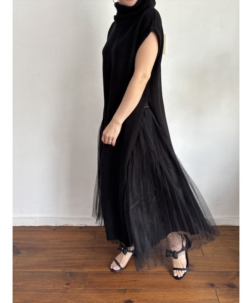 Day and Grade（デイアンドグレイド）の「【大胆タートルネック大胆スリット】ノースリーブ ロングニットチュニック / サイドスリット レイヤード（ニット/セーター・レディース・キャメル/ブラック・FREE）」の5枚目の写真