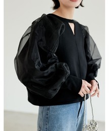 裏起毛2WAYオーガンジーパフスリーブプルオーバー