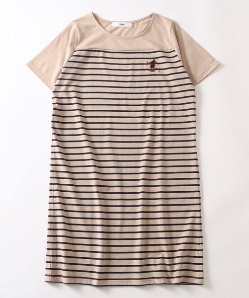 Disney（ディズニー）の「【Disney/ディズニー】ワンポイント刺繍 ボーダー切り替え 半袖Tシャツワンピース（ワンピース・レディース・オフホワイト/ベージュ/ネイビー・M/L）」の2枚目の写真