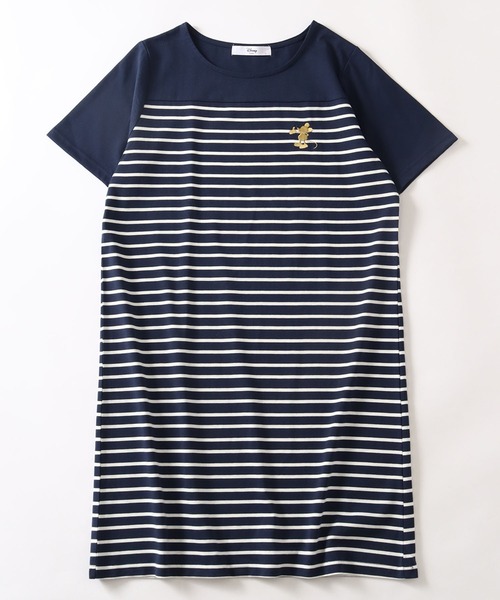 Disney（ディズニー）の「【Disney/ディズニー】ワンポイント刺繍 ボーダー切り替え 半袖Tシャツワンピース（ワンピース・レディース・オフホワイト/ベージュ/ネイビー・M/L）」の3枚目の写真