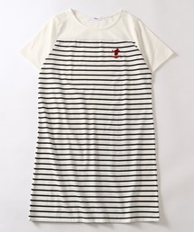 【Disney/ディズニー】ワンポイント刺繍 ボーダー切り替え 半袖Tシャツワンピース