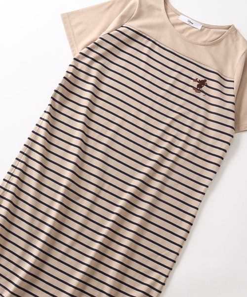 Disney（ディズニー）の「【Disney/ディズニー】ワンポイント刺繍 ボーダー切り替え 半袖Tシャツワンピース（ワンピース・レディース・オフホワイト/ベージュ/ネイビー・M/L）」の7枚目の写真